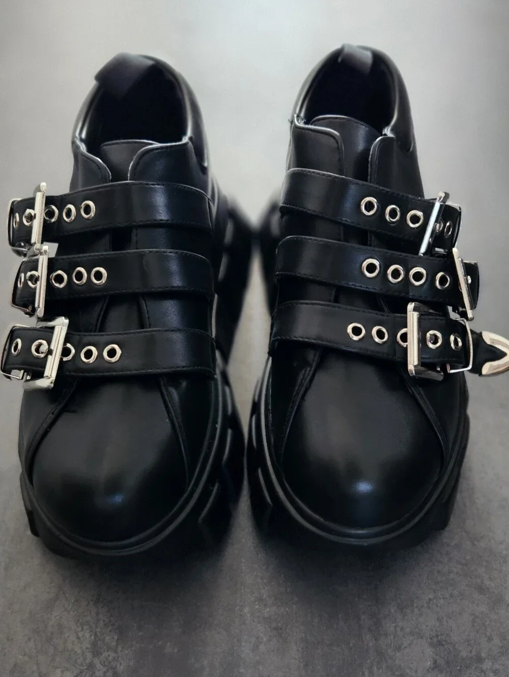 LAMODA Black Triple Buckle Chunky Platform Shoes